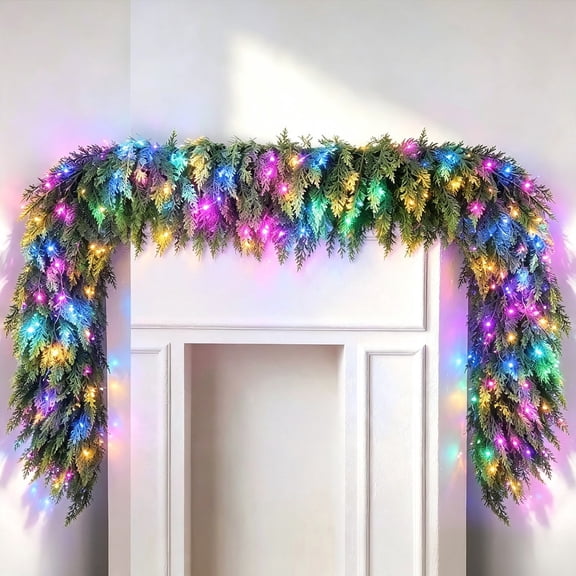 Christmas Garland, Pre‑Lit Artificial Cypress Vine, Multi‑Color RGB LED Lights, Green Foliage, Flexible Wired Strand for Stair Mantel Indoor Xmas Decoration