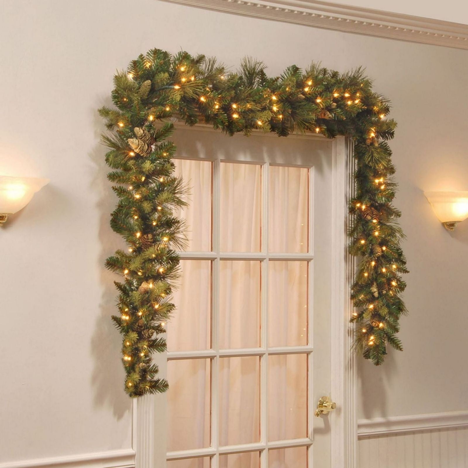 9-Foot Pre-Lit Artificial Pine Garland with Pine Cones and LED Lights