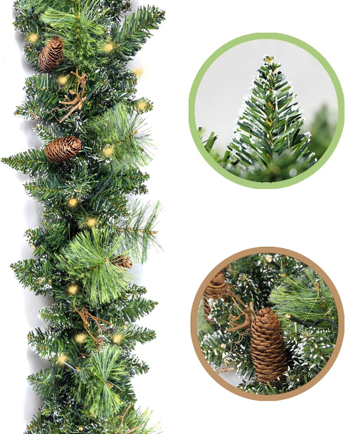 9 Ft Prelit Green Pine Cone Christmas Garland with LED Lights