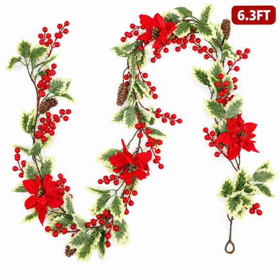 Kabuer Christmas Red Berry Garland with Pine Cones and Poinsettia Christmas Decorations for Indoor Outdoor Fireplace 6.3 Ft