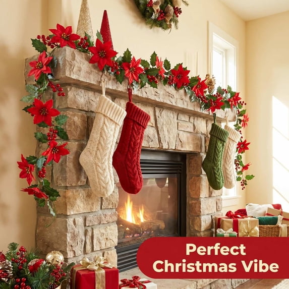 Christmas Garland Red Flowers Berries Pines and Artificial Rattan Decor Home Dining Table Decoration