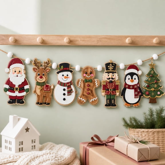 Christmas Garland Santa Reindeer Snowman Nutcracker Wooden Mantel Wall Hanging Farmhouse Home Decor