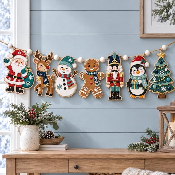 Christmas Garland, Santa Reindeer and Snowman Wooden Mantel Wall Hanging