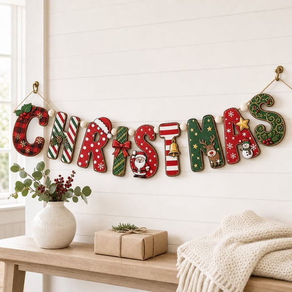 Christmas Garland Santa Snowman Gingerbread Reindeer Wooden Mantel Banner Holiday Home Decor