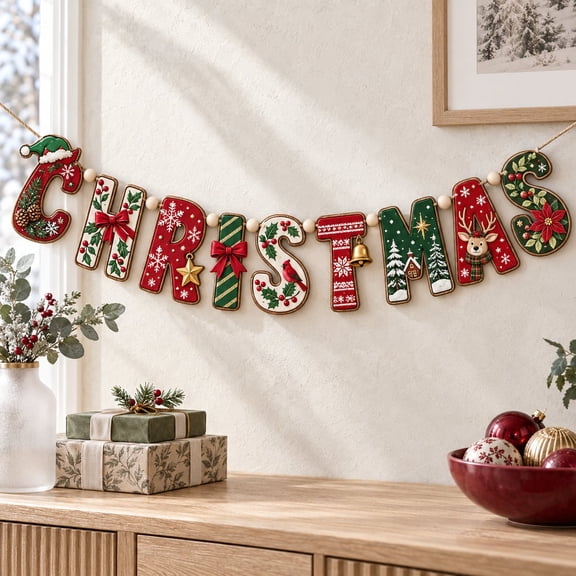 Christmas Garland, Santa Snowman Reindeer Wooden Mantel Banner for Holiday Decor