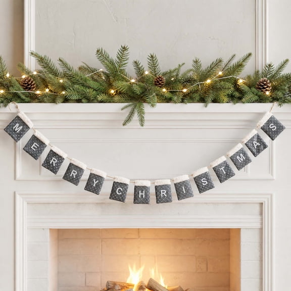 Christmas Garland Sock Letter Banner, Fabric Stocking Pockets Spelling Merry Christmas on a String, Silver Fireplace Mantel Wall Christmas Decor