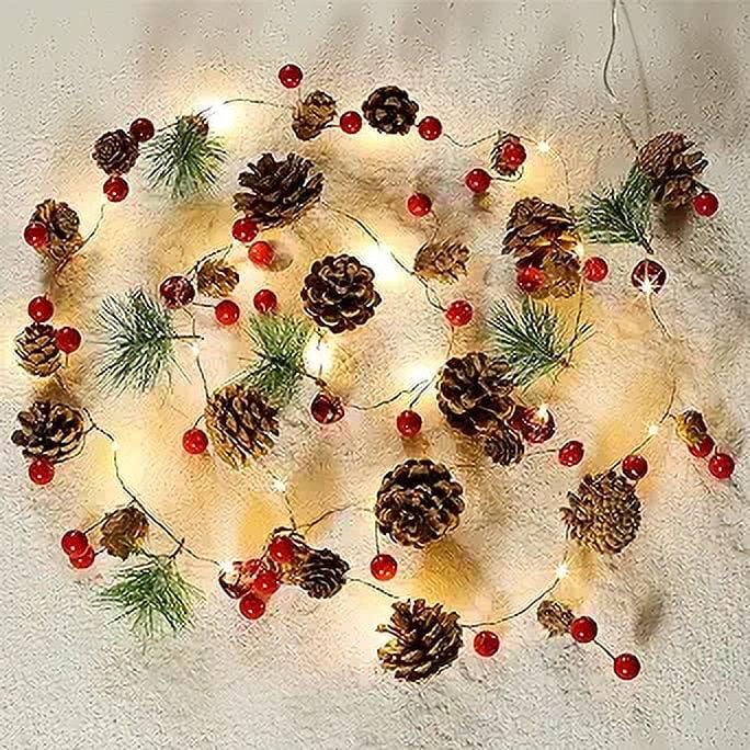 Christmas Garland String Lights, Christmas Tree Twinkle LightsPine Cone Light Battery Operated with Red Berry and Bells, Indoor/Outdoor Fairy Twinkle Gift Light for Xmas Decor Party Decorations