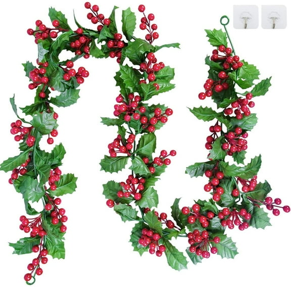 Christmas Garland, Tgnazet Red Berry Green Leaf Garland Artificial Holly Leaves Garland for Christmas Tree Mantle Fireplace Winter Holiday Home Outdoor Indoor Front Door Window Wall Decoration 5.7Ft