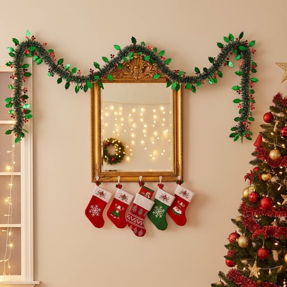 Christmas Garland, Tinsel Decor for Tree, Door, Window and Stair Decorations, Festive Pull String Streamers with Candy Cane Design, Lightweight Plastic Material