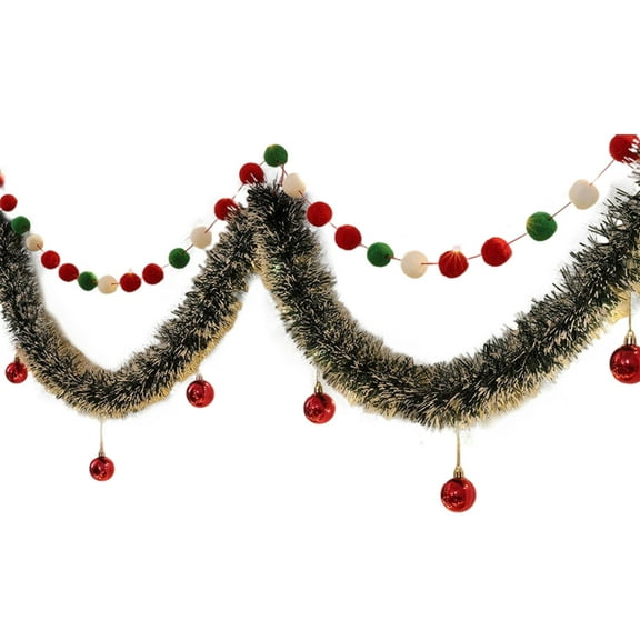 Christmas Garland, Tree Vines Hanging Ornaments with Red Balls and Colored Strips, Green Plastic Festive Decoration for Fireplace, Stair Railing, Door, or Shop Window