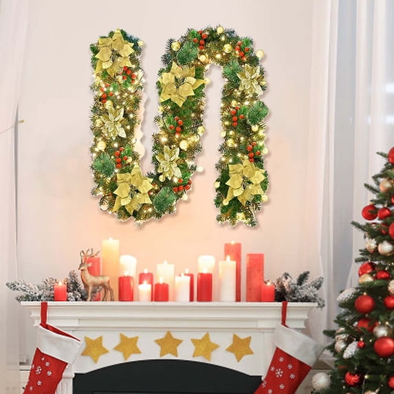 Christmas Garland, Unlit Artificial Poinsettia Vine, Red Berry Pine ...