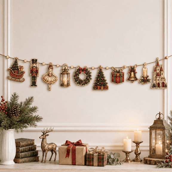 Christmas Garland, Victorian Nutcracker Ballet Storybook, Wooden Mantel Banner for Collectors