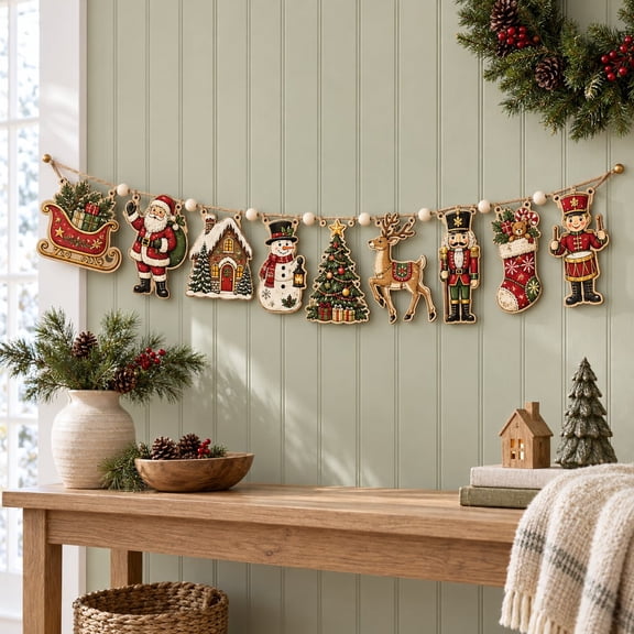 Christmas Garland, Vintage Santa Snowman Reindeer Nutcracker Tree Decor