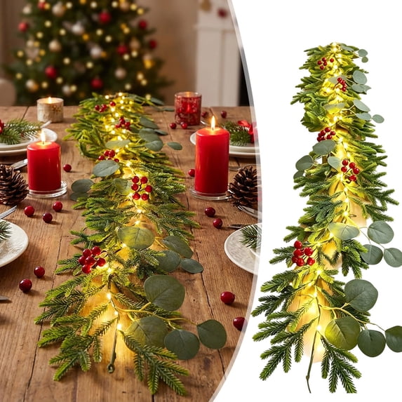 Christmas Garland with LED Lights - Artificial Pine String Lights, Indoor Outdoor Xmas Lighted Garland for Balcony, Mantel, Stair & Holiday Decor