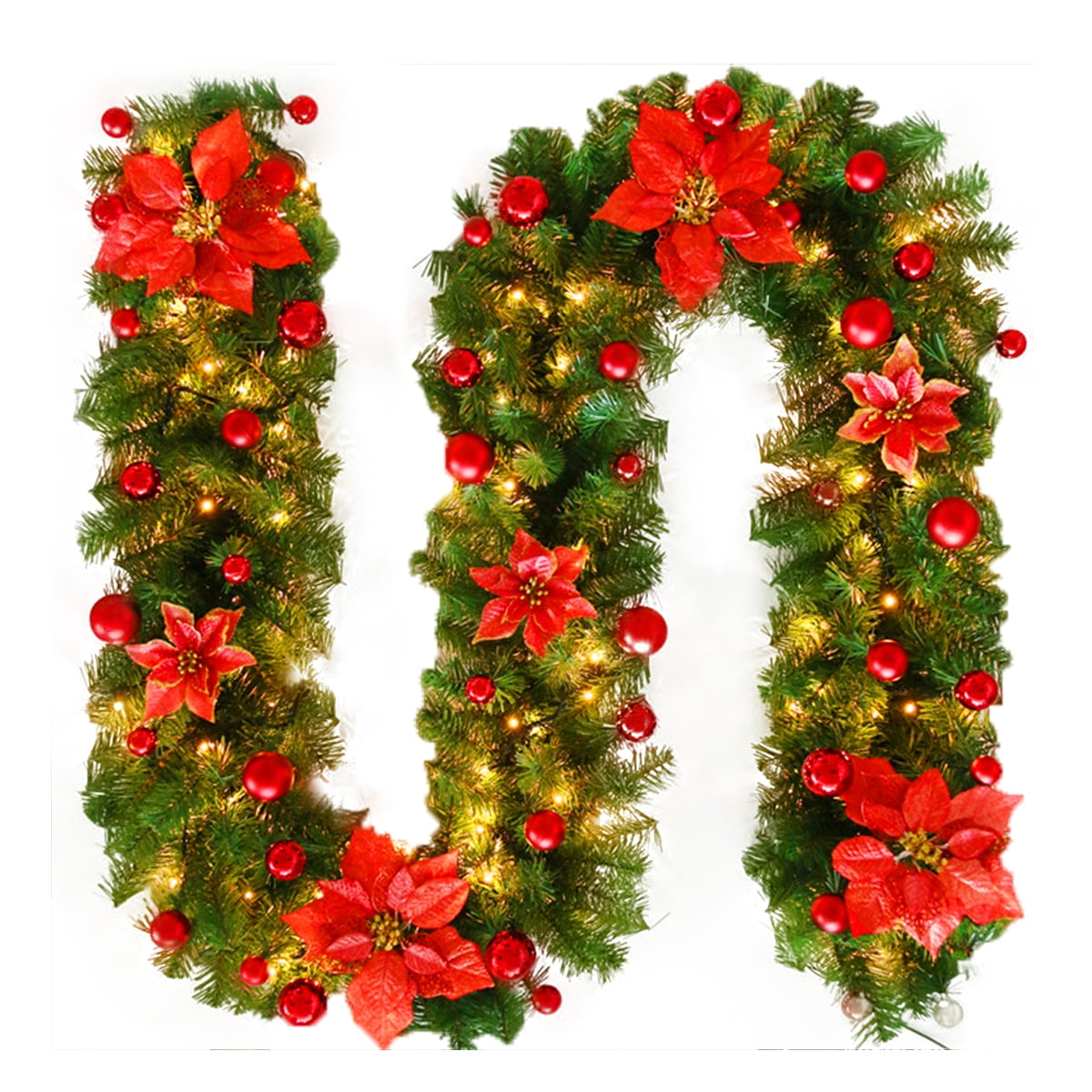 Christmas Garland with LED Lights Green Rattan with Red Flower