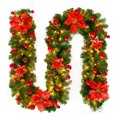 Christmas Garland with LED Lights Green Rattan with Red Flower