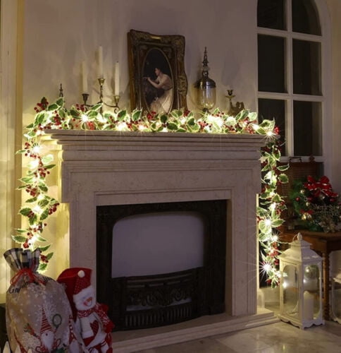 Christmas Garland with Lights Door Wreath Fireplace Christmas ...