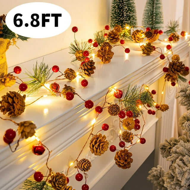 Christmas Garland with Lights Red Berry Pinecone Garland Lights for Indoor Outdoor Xmas Decor ...