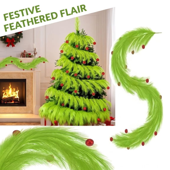 Christmas Garland with Simulated Feather Reed and Elf Balls, Whimsical Green Holiday Style, for Fireplace Mantel, Decoration