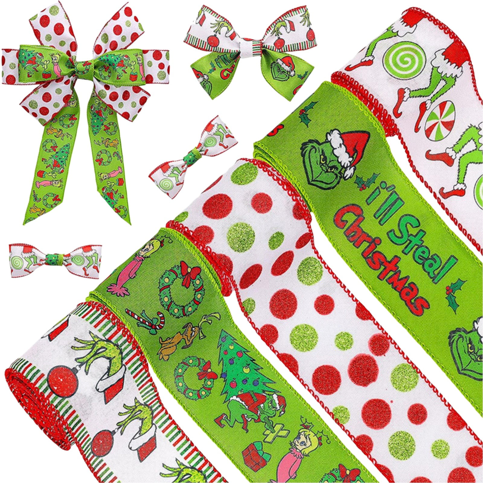 Christmas Garlands, Wreaths, Ribbons, Green Furry Christmas Decorations for Trees, Ornaments, Stockings - 20 Yards Wired Edge Plaid Ribbon, 2.5" Wide Holiday Craft Decoration with Assorted Patterns