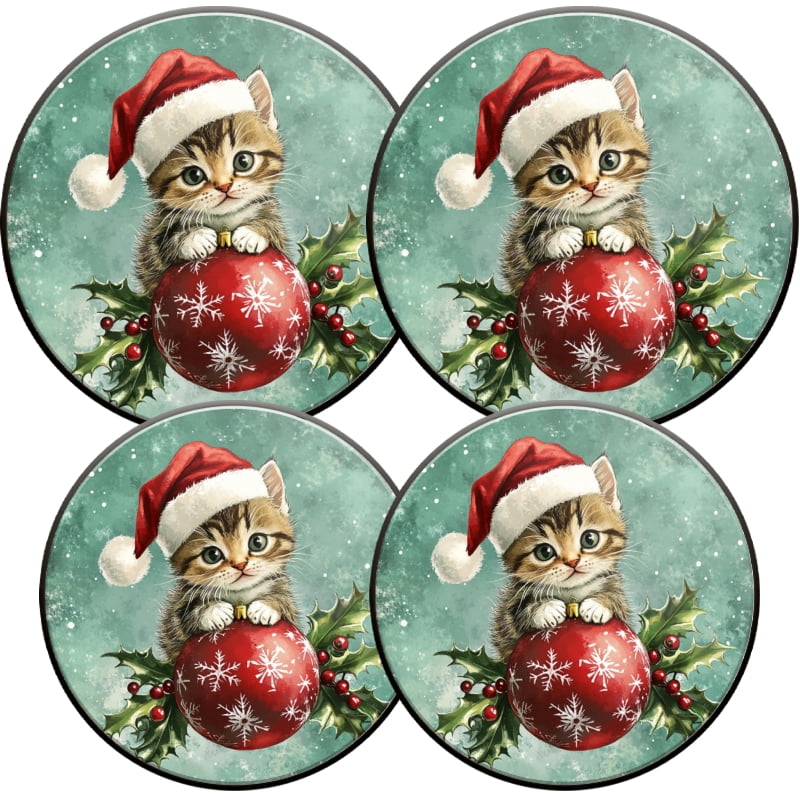 Christmas Gas Stove Burner Covers Set of 4, Christmas Red Ball Cute Kitten Green Xmas Decor Round Mental Electric Stove Burner Covers Range Top for Kitchen, 8 Inches and 10 Inches