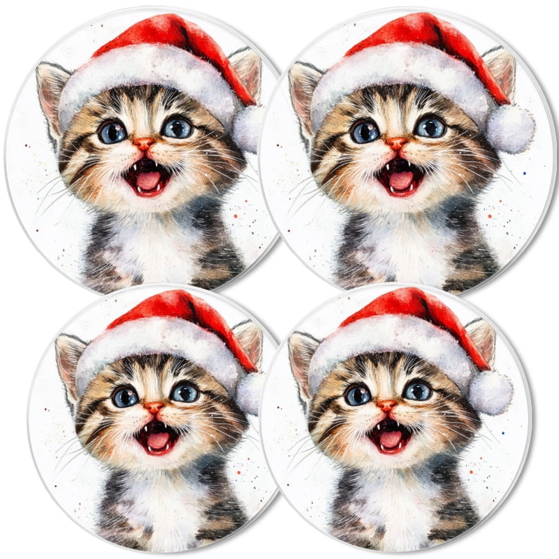 Christmas Gas Stove Burner Covers Set of 4, Cute Kitten in Santa Hat Round Mental Electric Stove Burner Covers Range Top Xmas Holiday Decor for Kitchen, 8 Inches and 10 Inches