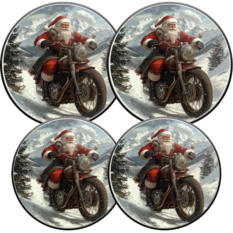 Christmas Gas Stove Burner Covers Set of 4, Santa Claus Riding Motorcycle Print Round Mental Electric Stove Burner Covers Range Top Modern Decor for Kitchen, 8 Inches and 10 Inches