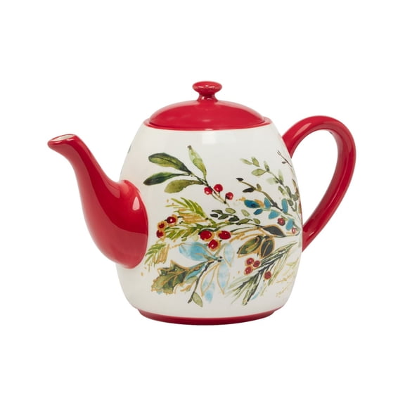 Christmas Gatherings Ceramic Teapot with Holiday Botanical Design