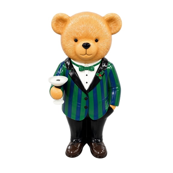 Christmas Gentleman Teddy Bear Statue, 7.87 Inch Striped Suit Bear Statue with Cocktail Cup, Holiday Tabletop Decor for Home Party Ornament