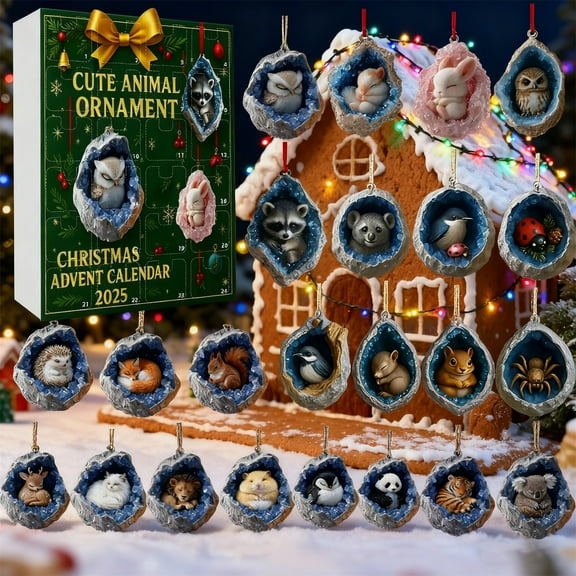 Christmas Geode Advent Calendar 2025 - 24Pcs Woodland Animal Ornaments, Acrylic Forest Tree Decor, Holiday Countdown Gift Box for Animal Lovers