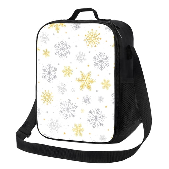 Christmas Geometric Golden Gray Snowflake Lunch Bag Insulated Thermal Box with Shoulder Strap & Handle for Work and Picnic
