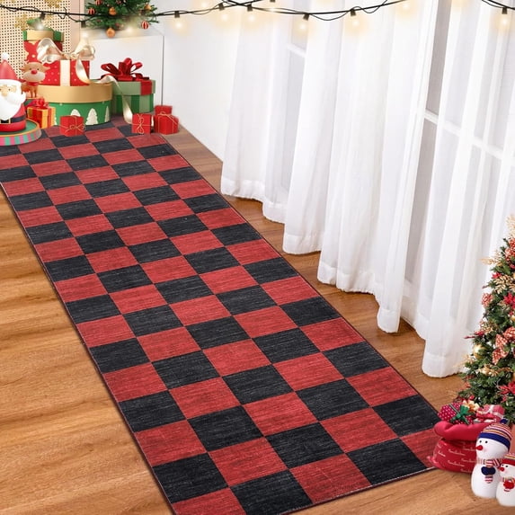 Christmas Geometric Plaid Rug Runner 2' x 6', Non-Slip Hallway Rugs, Machine Washable Low Pile Carpet Runner, Indoor Floor Mats for Laundry, Bedroom, Red Black
