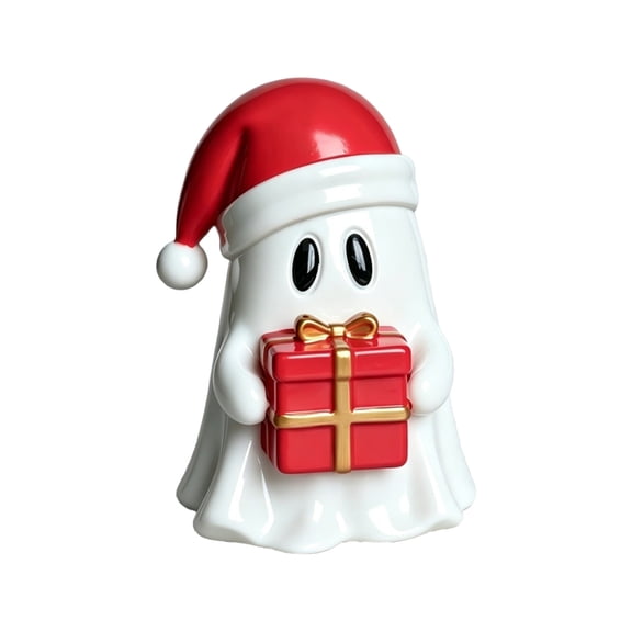 Christmas Ghost Figurine With Santa Hat Holding Gift Box, Resin Halloween Holiday Statue