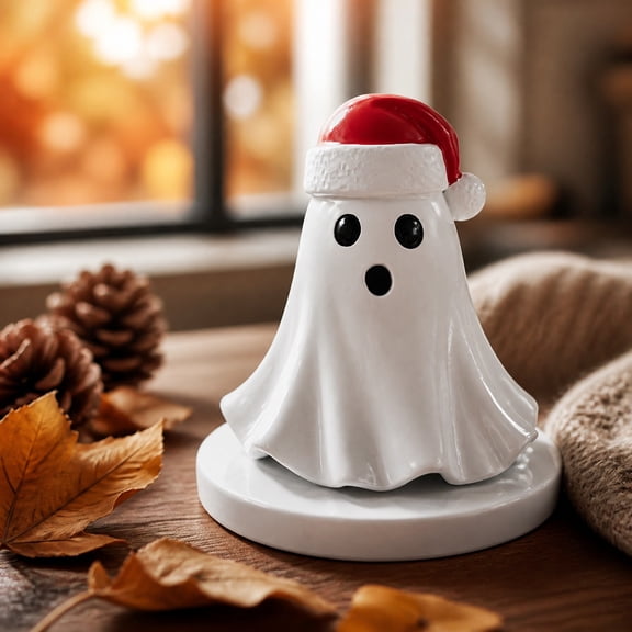 Christmas Ghost Figurine with Santa Hat, 3.2 Inch Resin Ghost Statue Tabletop Decor for Winter Holiday Mantel Desk Ornament
