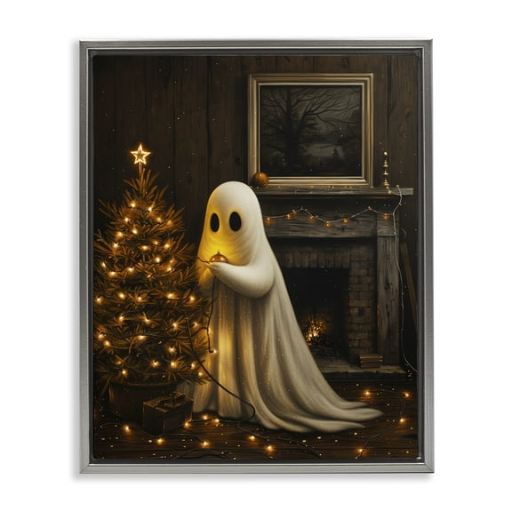 Stupell Industries Christmas Ghost Hanging Lights Gray Framed Floater Canvas Wall Art, design by Arlington Prints