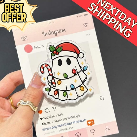 Christmas Ghost Magnetic Phone Grip: Cute Holiday Phone Stand with Santa Hat & Christmas Lights, Magsafe Phone Holder, Gift for Xmas Lovers