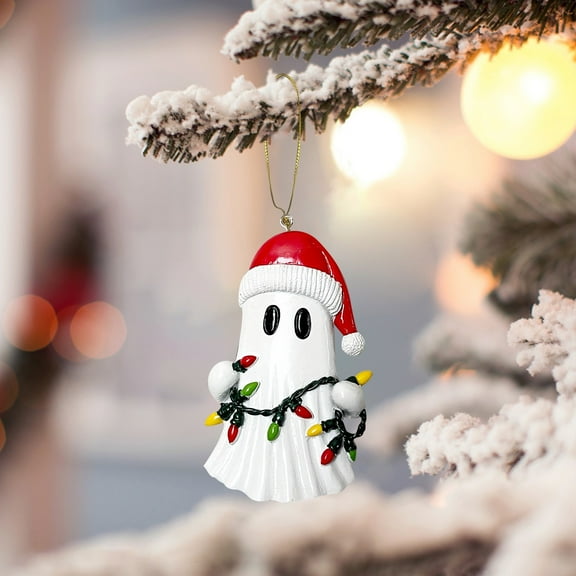 Christmas Ghost Ornaments - Santa Hat Ghost Hanging Decor for Tree, Rustic Farmhouse Xmas Decorations, 3D Resin Collectible Fun Gifts for Holiday Party Decor