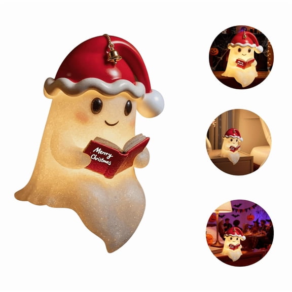 Christmas Ghost Reading Book Lamp, Cute Ghost Night Light, Funny Ghost Figurine Statue Decor, Christmas Decoration for Gift Props Tabletop Bookshelf Living Room White A1
