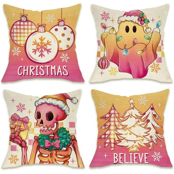 Christmas Ghost Skeleton Decorative Throw Pillow Covers 18 x 18 Set of 4, Pastel Xmas Tree Ball Believe Porch Patio Outdoor Pillowcase, Winter Holiday Sofa Couch Cushion Case Home Decor