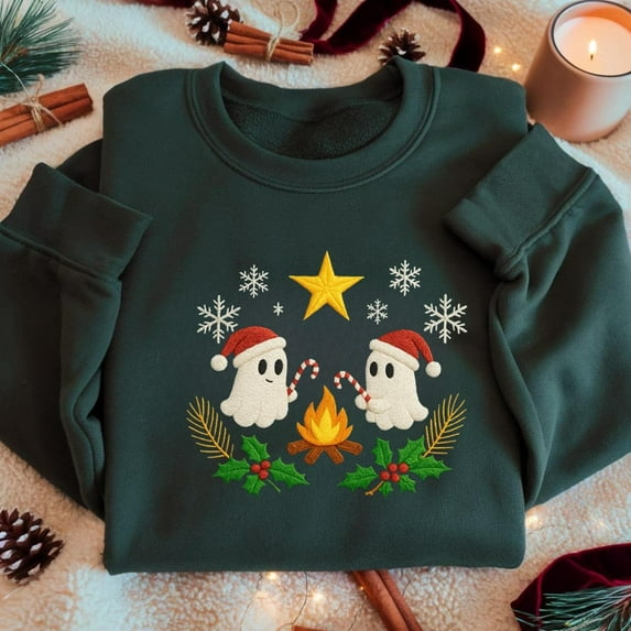 Christmas Ghost Sweatshirt, Embroidered Ghosts with Candy Cane and Campfire, Cute Holiday Crewneck, Cozy Christmas Sweater, Christmas Shirt