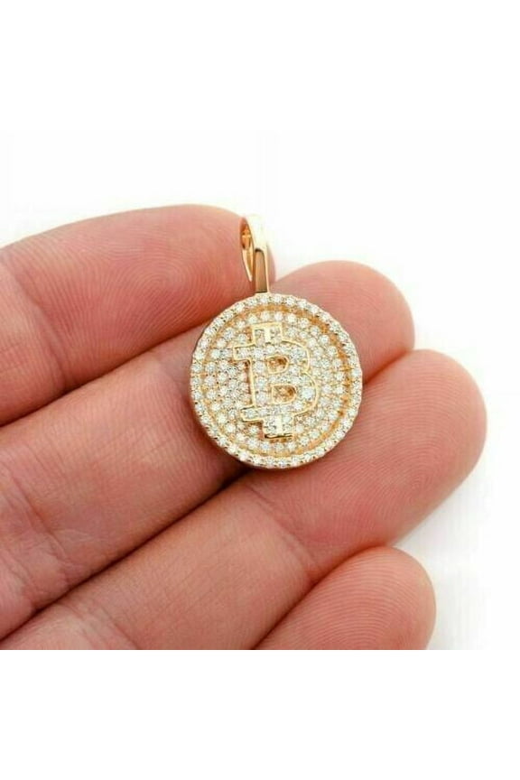 Christmas Gift 2 Ct Round Cut Lab Created Diamond Bitcoin Unisex Pendant 14k Yellow Gold Plated Silver