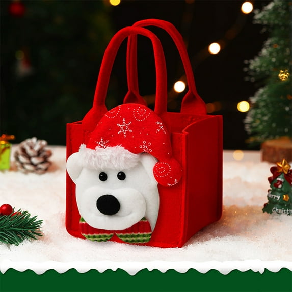 Christmas Gift Bag – Felt Holiday Apple Candy Treat Bag with Handle – 5 Cute Styles: Santa, Snowman, Tree, Elk – Reusable Xmas Packaging for Kids, Family, Parties