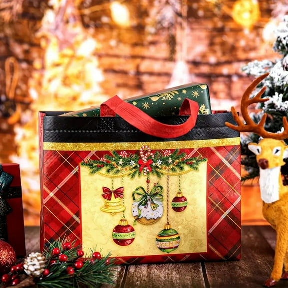 Christmas Gift Bag Large Tote Bags With Handles Reusable Red Grocery Shopping Bag Non-Woven Bags Black Green Lattice Gift Bag Truck Wreath Waterproof Party Treat Goodie Bag For Favors