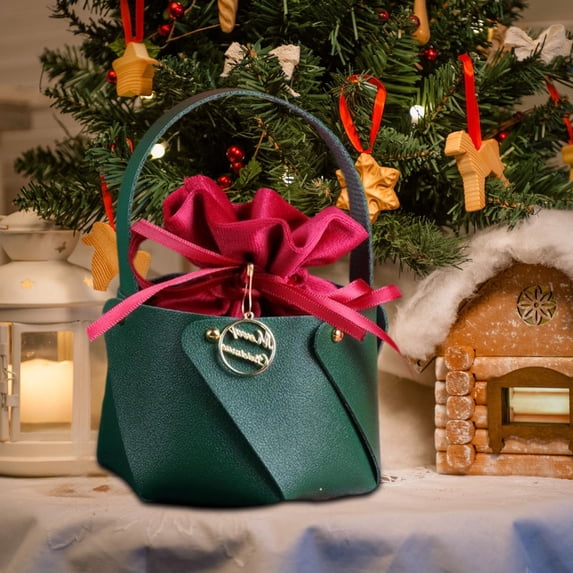 Christmas Gift Bag Set 4x3 Inches Faux Leather Santa Snowflake Design Red Green Velvet Pouch for Candy Jewelry Small Presents