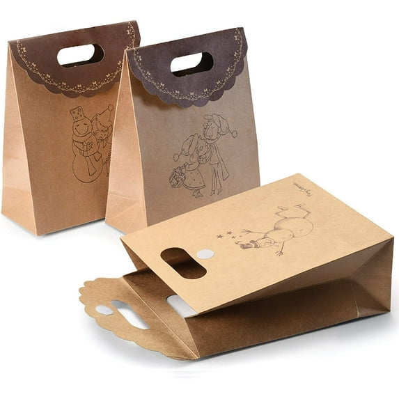 Christmas Gift Bags - 12 Pack Medium Fold Over Brown Kraft Christmas Bags for Gifts, Holiday Favors and Christmas Goodies
