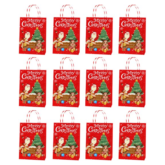 Christmas Gift Bags 12 Pack, Printed Kraft Paper Goody Bags with Handles for Holiday Party Favors and Gift Giving
