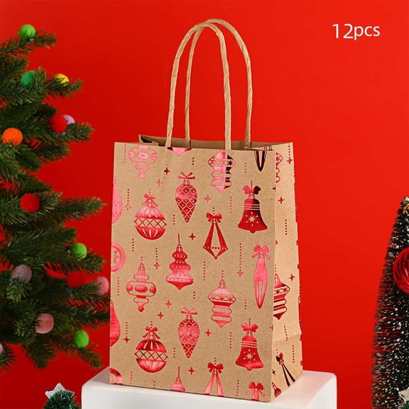 Christmas Gift Bags 12 Pack Red Snowflake Design Kraft Paper Tote Bags with Flat Bottom Holiday Party Favor Gift Packaging for Christmas Presents Party Supplies 8x6 Inch