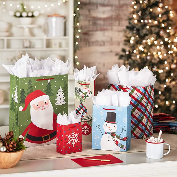 Christmas Gift Bags (18) & Gift Boxes with Lids (12) Bundle - Santa, Snowman, Plaid, Snowflake, Bottle Bags & Tree, Stripes, Snowmen, Holly Boxes