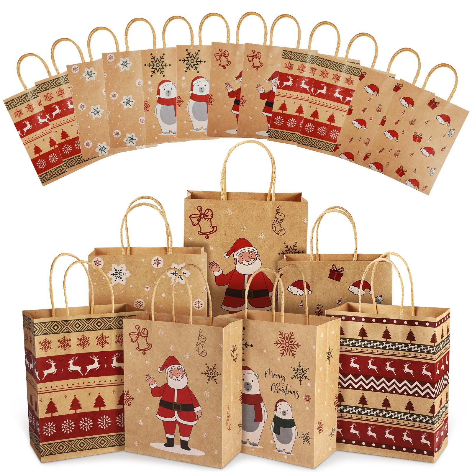 24 Pack Christmas Gift Bags - 6 Designs, with Handles