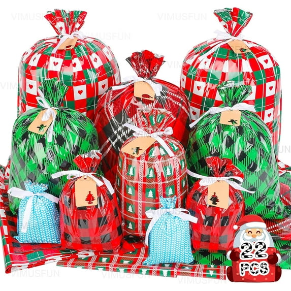 Christmas Gift Bags, 34pcs Assorted Sizes With Ribbon Ties&Tags, Xmas Favor Goody Reusable Plastic Holiday Gift Bag Bulk Jumbo/Extra Large/Medium